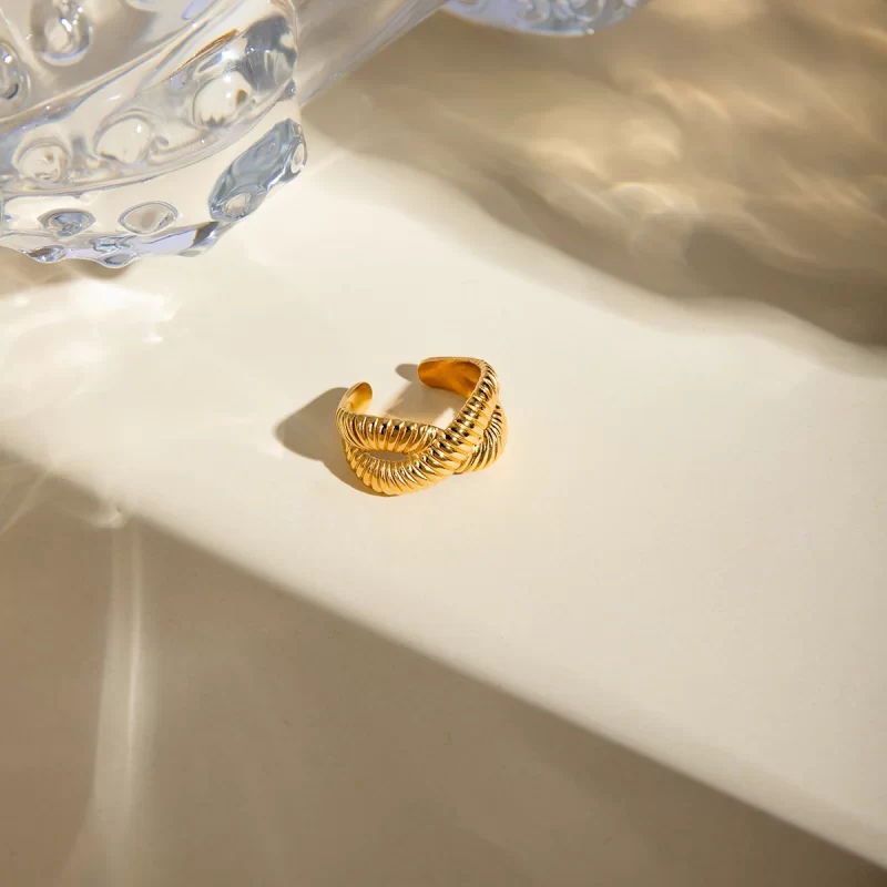 Waterproof 18K Gold Plated Stainless Steel High Shell Shape Cross Double Layered Cute Geometric Open Rings - Image 3