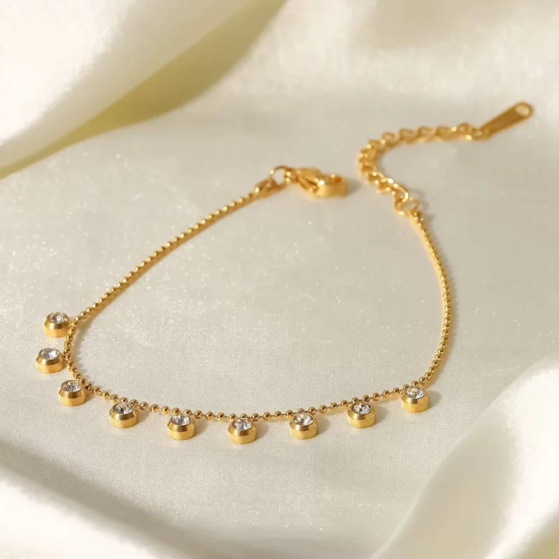 18K Gold Plated Tassel Round Zircon Bracelet Stainless Steel Bead Chain Clear Cubic Zircons Bracelet Girl - Image 2