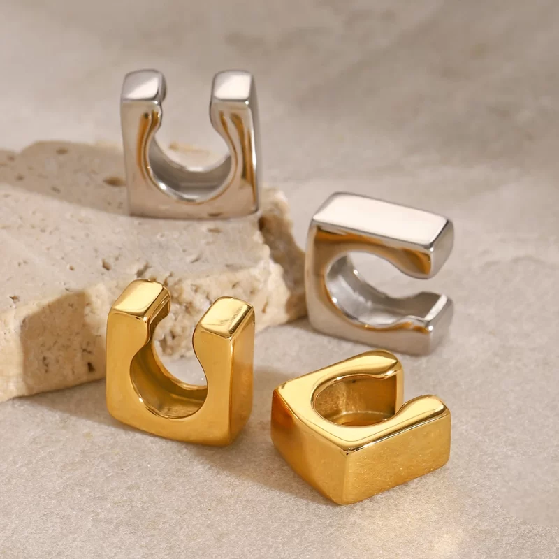 18k Gold Stainless Steel Jewelry Smooth Square Ear Clips Modern Design One Pair - Image 4