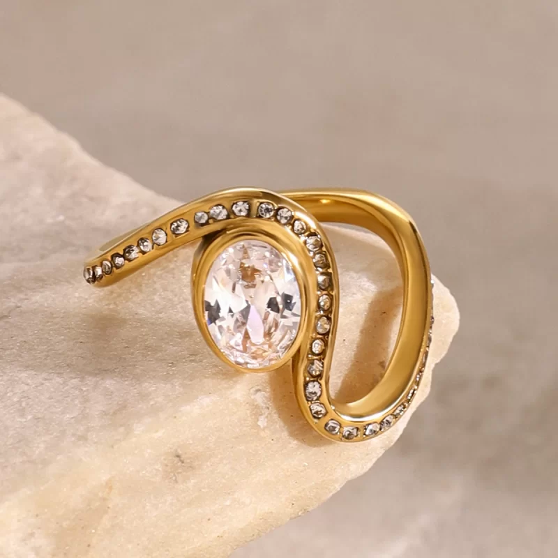 J&D Dainty 18k Gold Stainless Steel Water Drill Wave Oval White Diamond Rings - Image 3
