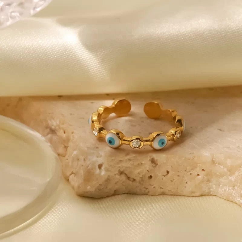 Dainty 18K Gold Plated Stainless Steel Evil Eyes Enameled Clear Cubic Zirconia Opening Rings Jewelry - Image 4