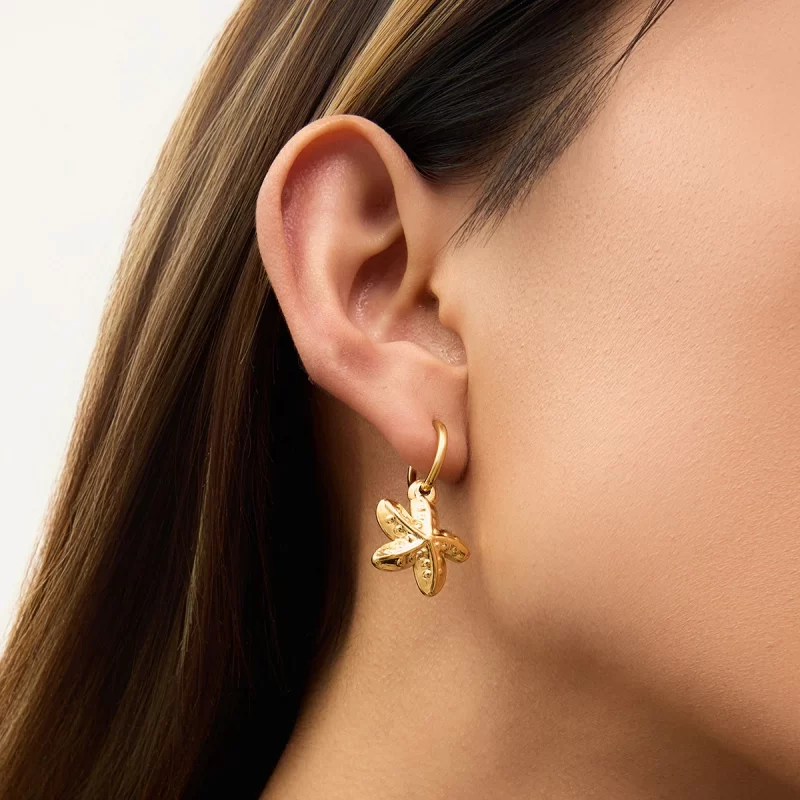 Ocean Shell Starfish Hammered Charm Holiday Beach 18K Real Gold Plated Stainless Steel Drop Earrings - Image 3
