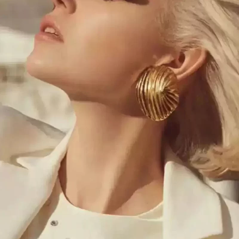Trendy Waterproof 18K Gold Plated Stainless Steel Jewelry Gift Vintage French Elegant Medieval Ribbed Earrings - Image 2