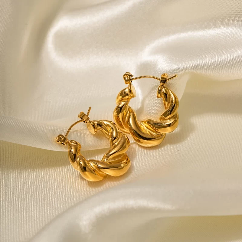 New Titanium Steel Croissant Hoop Earrings Stylish 18K Gold Plated Stainless Steel Entwined Statement Hoop Earrings - Image 2