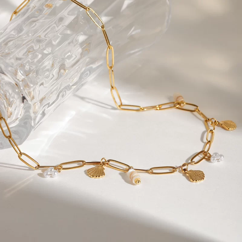 J&D Ocean 18K Gold Plated Stainless Steel Charm Necklace Shell Glass Pearl Natural Stone Chain Necklace - Image 5