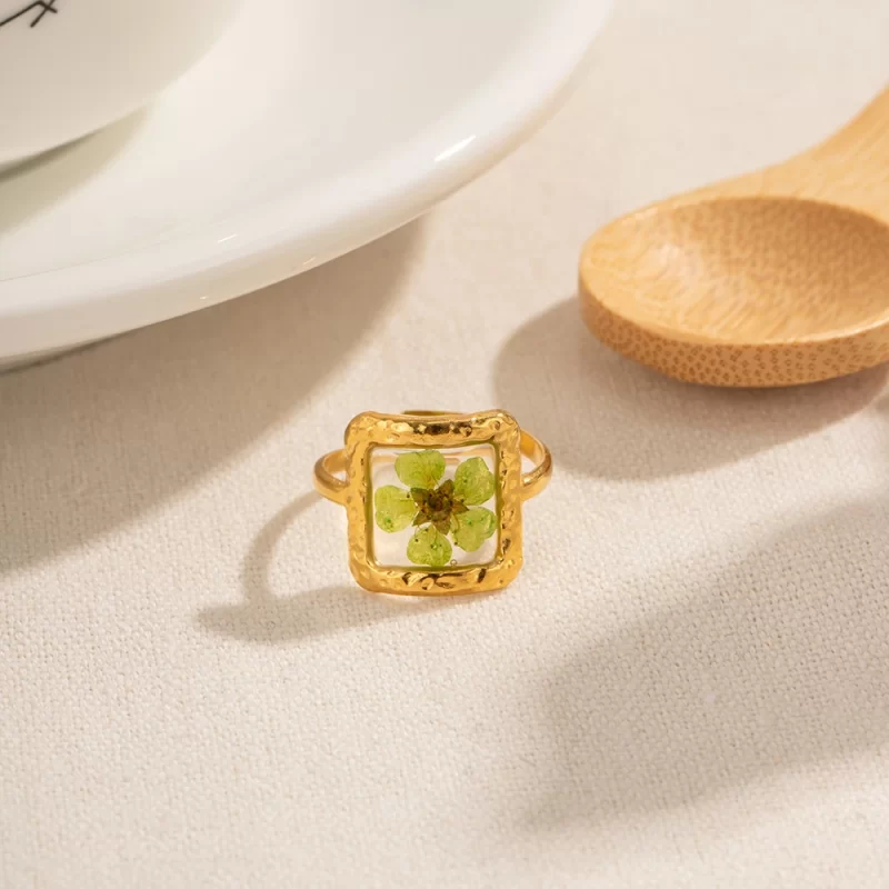 Dainty 18K Gold Plated Stainless Steel Square Shape Opening Real Colorful Eternal Plum Flower Ring for Girls - Image 3