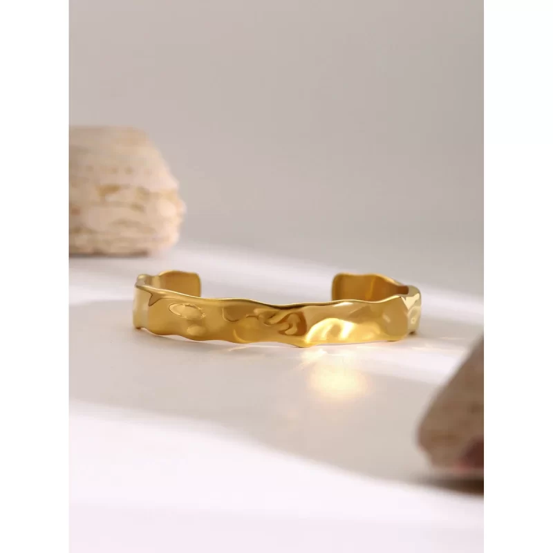 J&D 18k Gold Stainless Steel Textured Surface Open Bangle Bracelet - Image 2