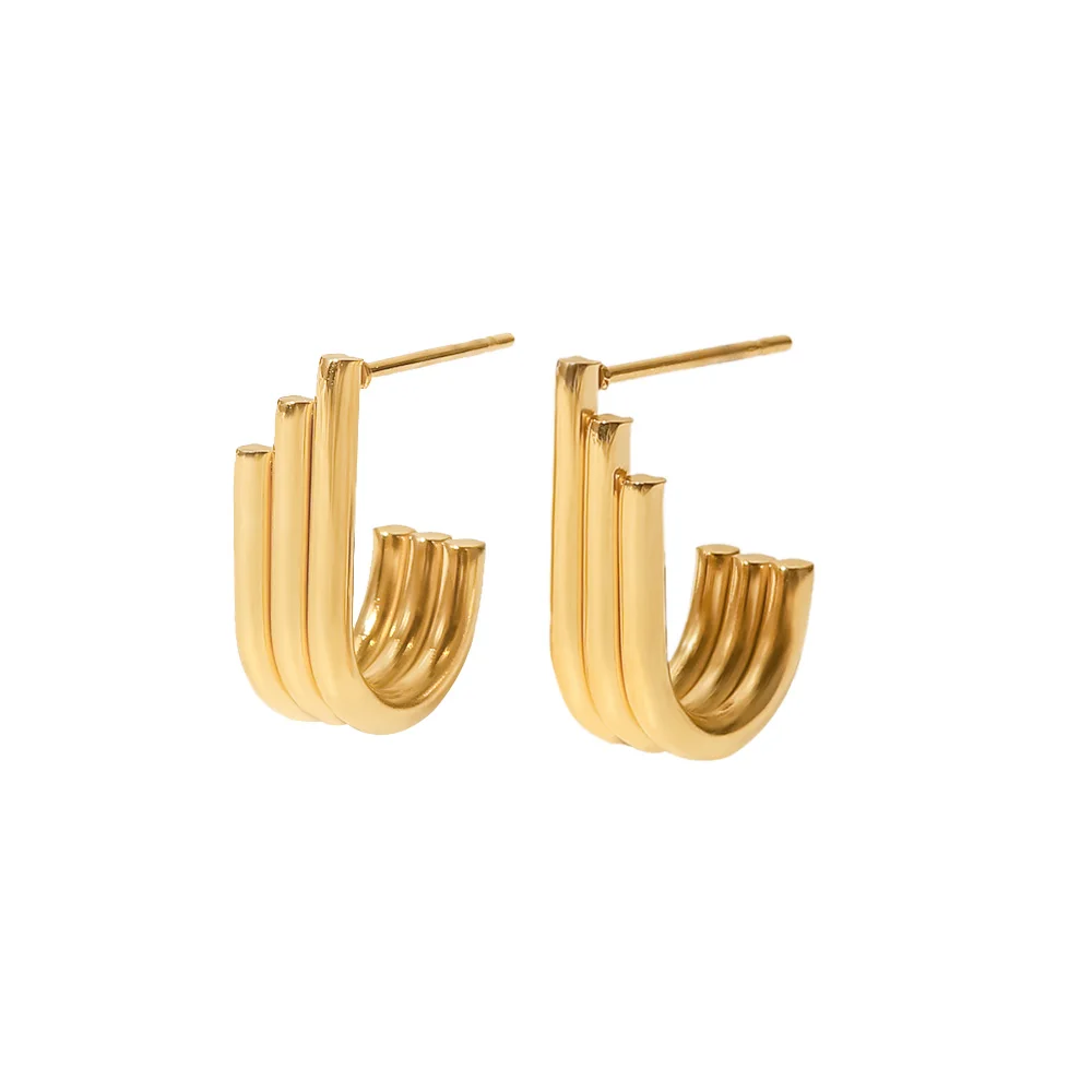 18k Gold Plated Three Layers Pipe Organ U Shape Stainless Steel Stud Earrings