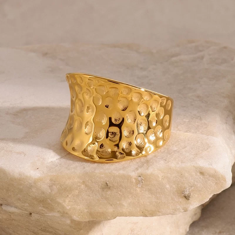 J&D Designer 18K Gold Plated Stainless Steel Exaggerated Concave Design Bold Wide Hammered Rings - Image 2