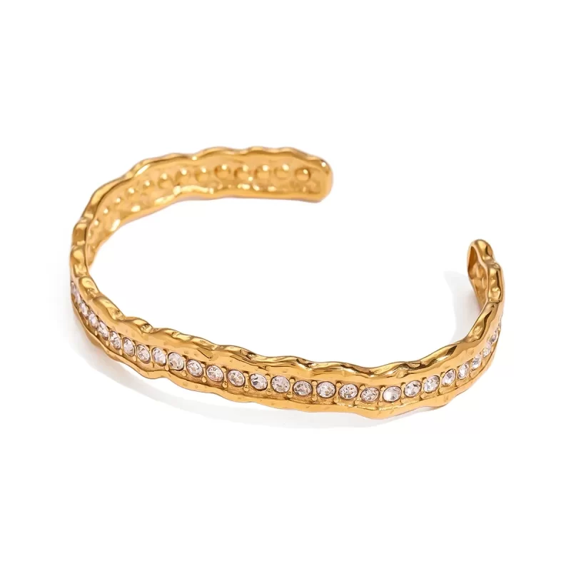 J&D White Rhinestone ZIRCON Irregular Hammer Wave Bracelet 18K PVD Plated Stainless Steel Bracelet for Women