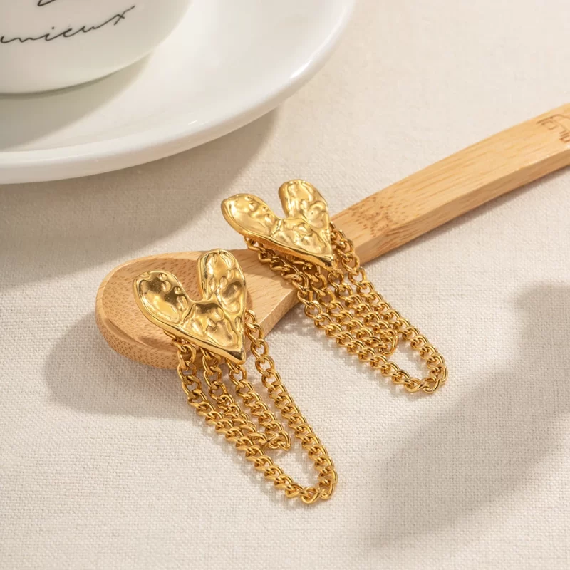 18K Gold Plated Dainty Hammer Heart Shape Earring Lava Irregular Tassel Stud Trendy Stainless Steel Stud Earring - Image 5