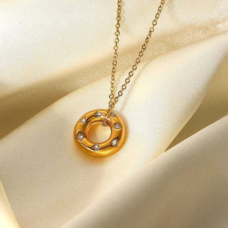 18k Gold Plated Stainless Steel Tarnish Free Cubic Zirconia Circle Hollow Pendant Necklace - Image 5