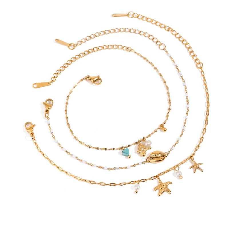 J&D Ocean 18K Gold Plated Stainless Steel Evil Eye Bracelets Set Starfish Shell Charm Bracelets for Women Trendy for Holidays