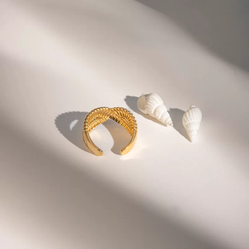 Waterproof 18K Gold Plated Stainless Steel High Shell Shape Cross Double Layered Cute Geometric Open Rings - Image 4
