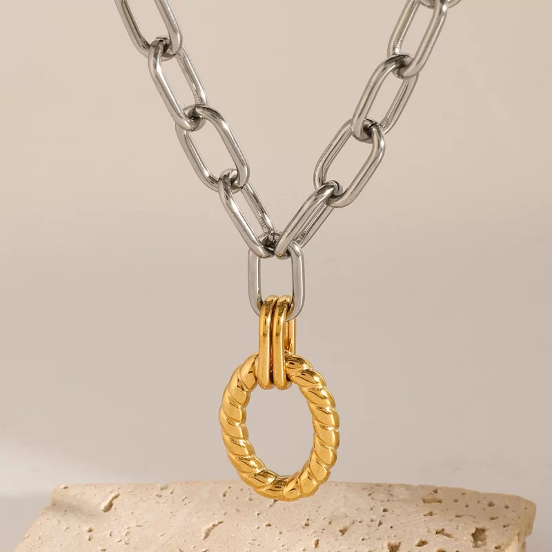 J&D 18k Gold Stainless Steel Silver and Gold Twisted Oval Hollow Circle Cross Chain Necklaces - Image 4