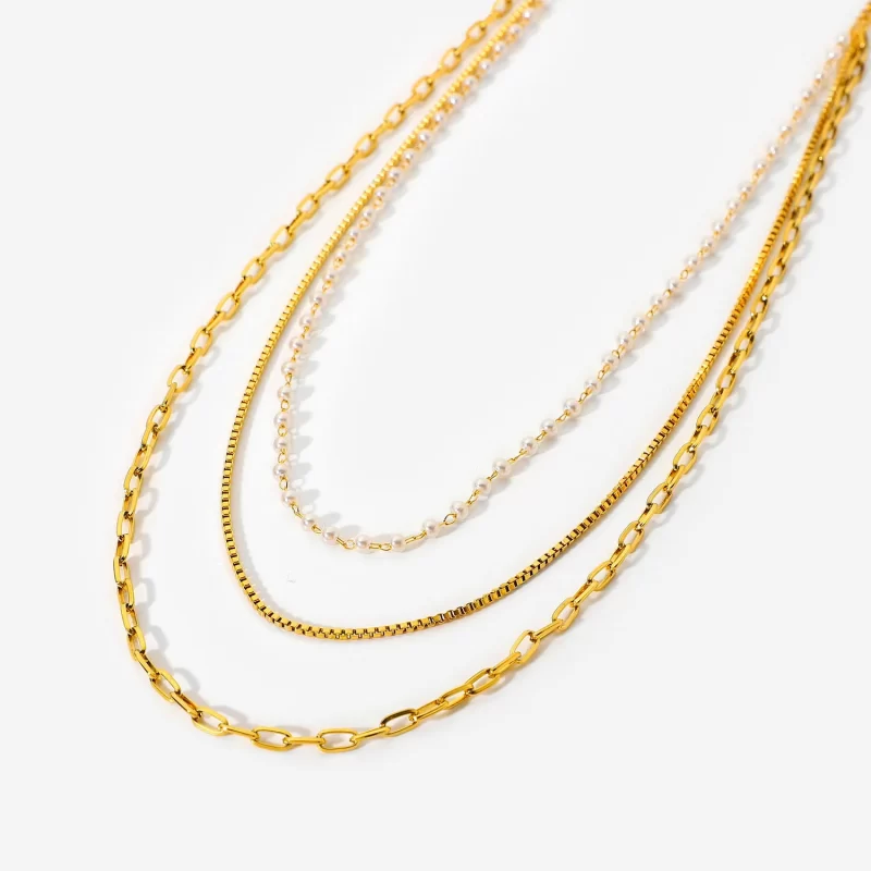 18k Gold Multi Layer Necklace Pearl Collar Summer Beach Stainless Steel Link Chain Choker Necklace - Image 2