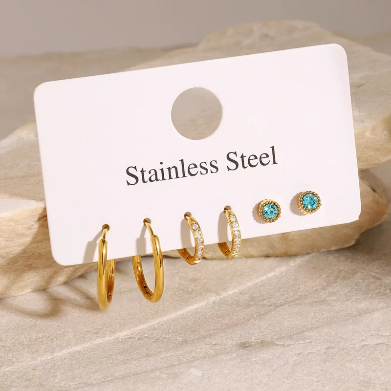 18k Gold Stainless Steel Jewelry Blue Zircon and White Water Drill Ear Clips Chic Jewelry Set of 3 Everyday Wear - Image 3