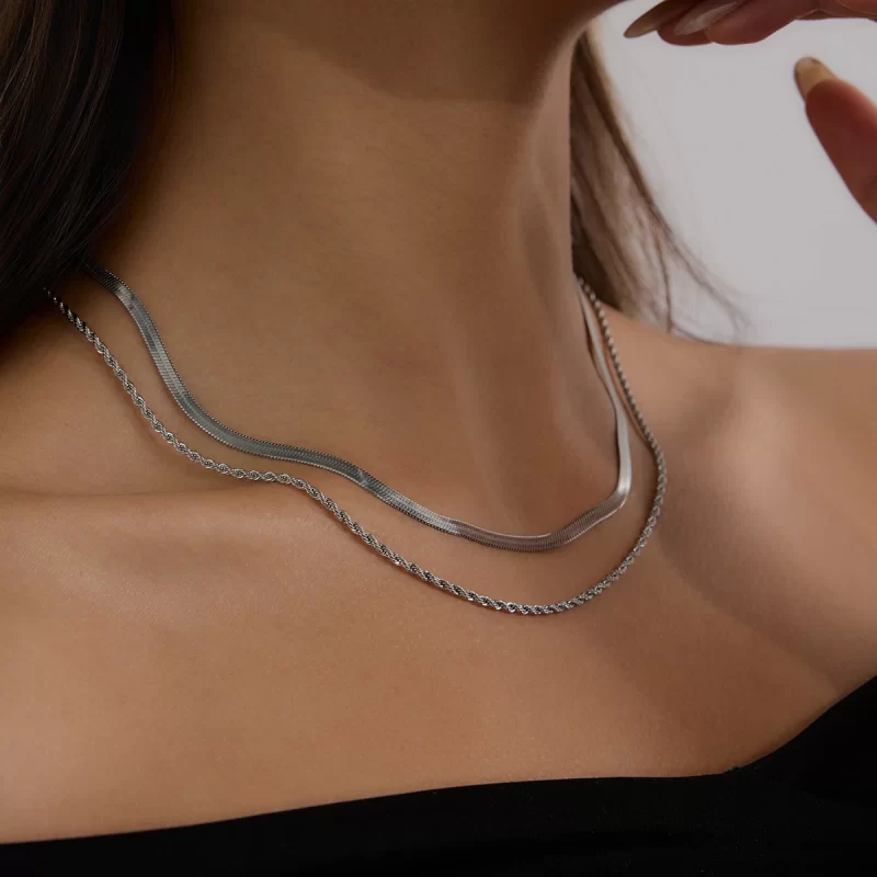 J&D Jewelry Waterproof 18K PVD Gold Plating Also Silver Colorway Two Layers Rope Flat Snake Chain Necklace - Image 2