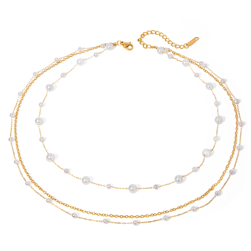 18K Gold Stainless Steel Pearl Three-layer Necklace