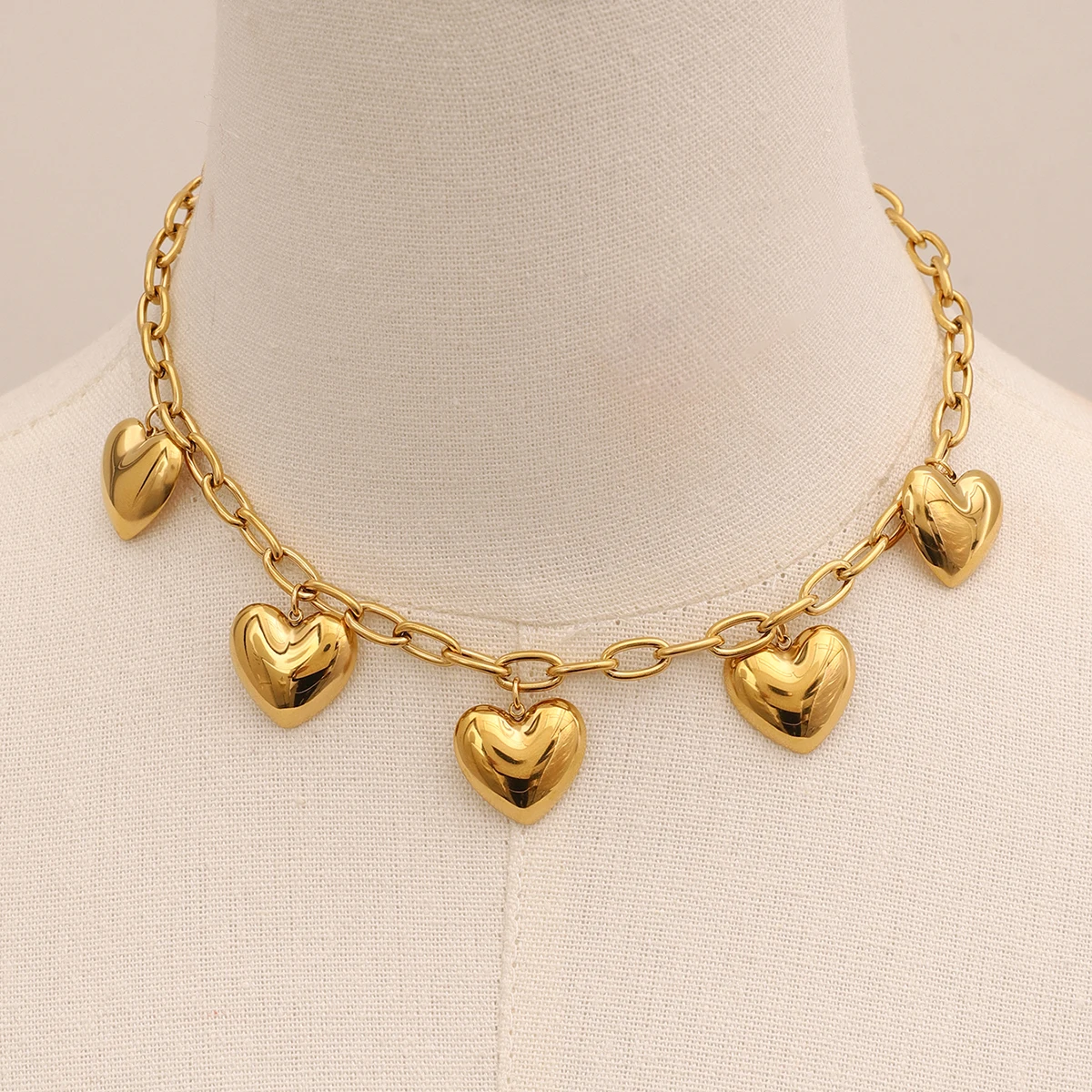 J&D 18k Gold Stainless Steel Paperclip Chain Heart Pendant Necklace 40+5cm With High Polish Love Design
