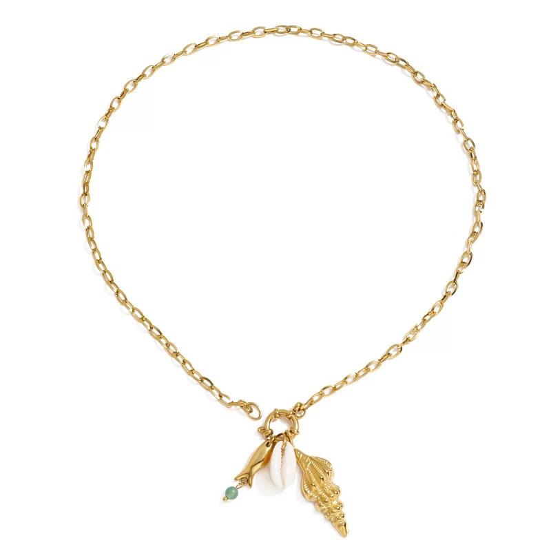 J&D Ocean Beach Natural Shell Agate Fish 18K Gold Plated DIY Charm Necklace Waterproof Stainless Steel Trendy Link Chain