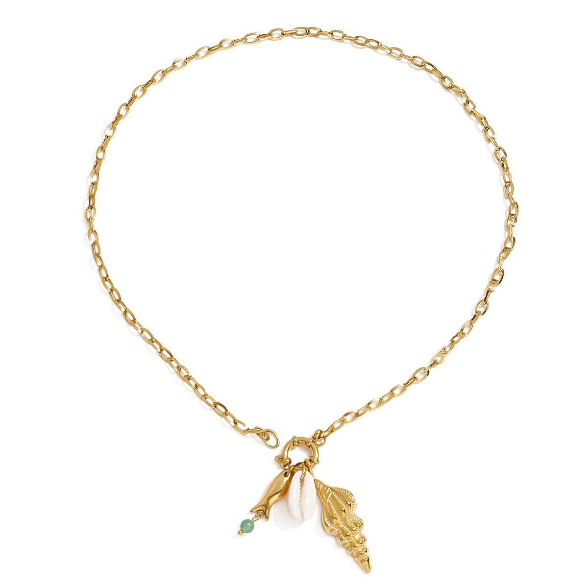 J&D Ocean Beach Natural Shell Agate Fish 18K Gold Plated DIY Charm Necklace Waterproof Stainless Steel Trendy Link Chain