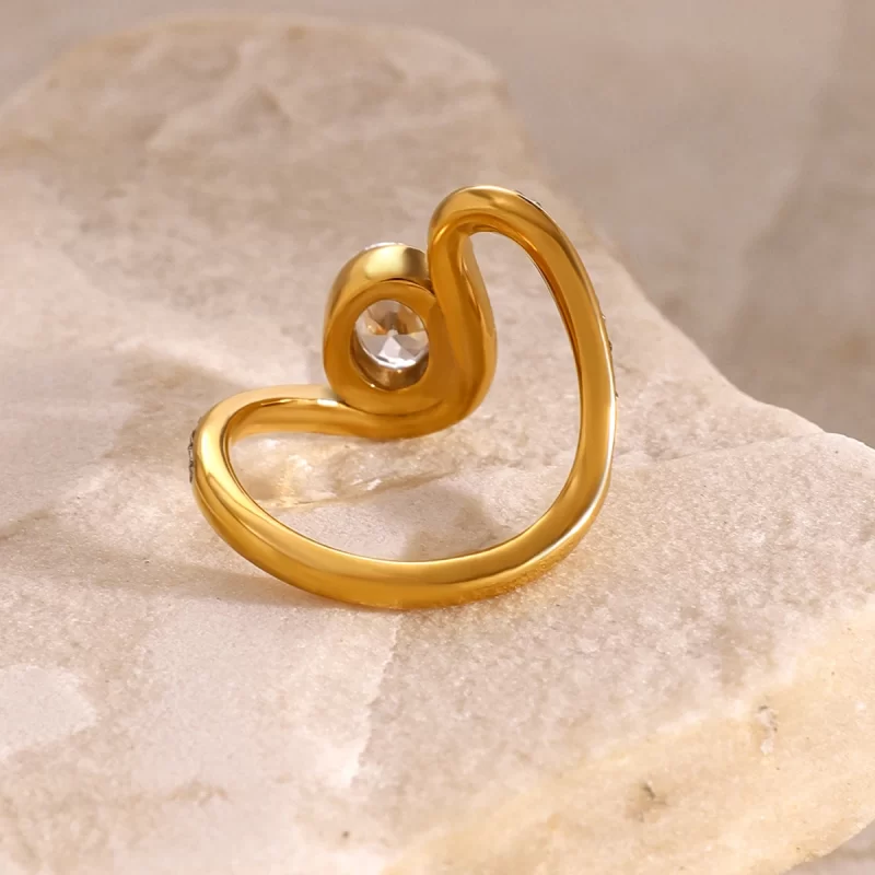 J&D Dainty 18k Gold Stainless Steel Water Drill Wave Oval White Diamond Rings - Image 4