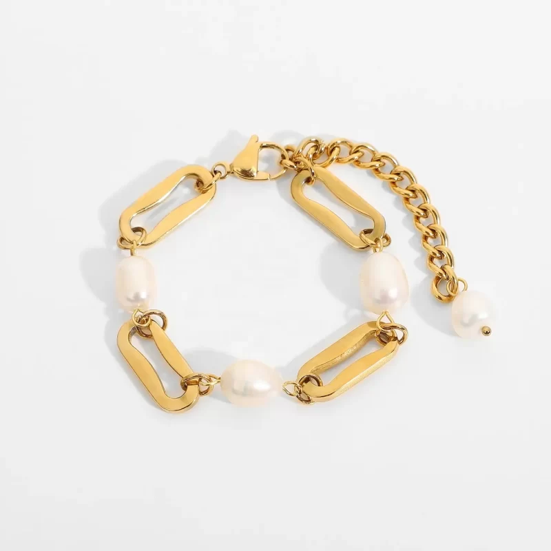 18K Gold Plated Stainless Steel Baroque Freshwater Pearl Bracelets Rectangular Link Chain Bracelet