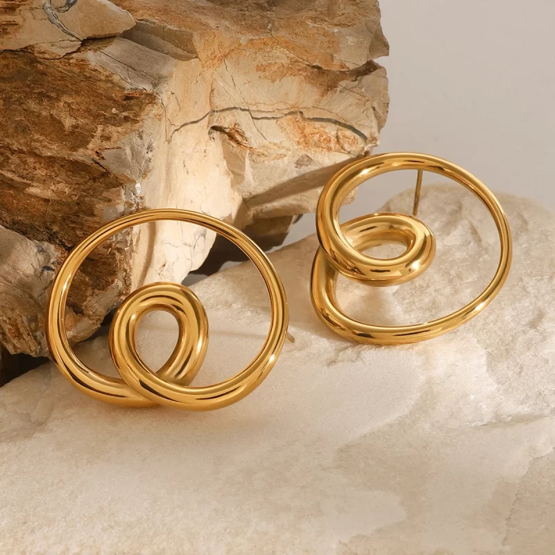 18K PVD Stainless Steel Gold Round Double Hollow Earrings - Image 2