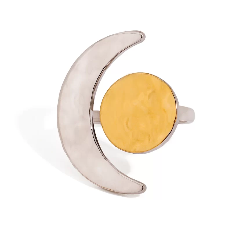 J&D Minimalist 18K Gold Stainless Steel Two Tone Color Hammered Moon Sun Adjustable Open Rings