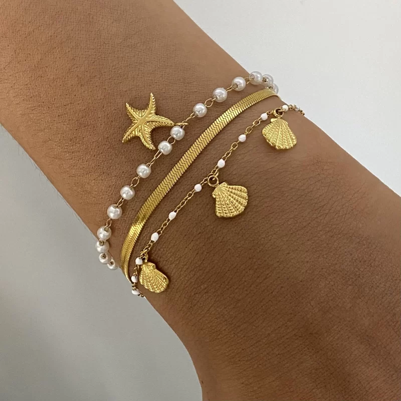 J&D Ocean Summer 18K Gold Plated Stainless Steel Bracelet Starfish Shell Pearl 3pcs/set Bracelets Holiday Wearing - Image 2