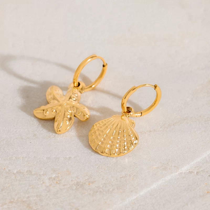 Ocean Shell Starfish Hammered Charm Holiday Beach 18K Real Gold Plated Stainless Steel Drop Earrings - Image 4