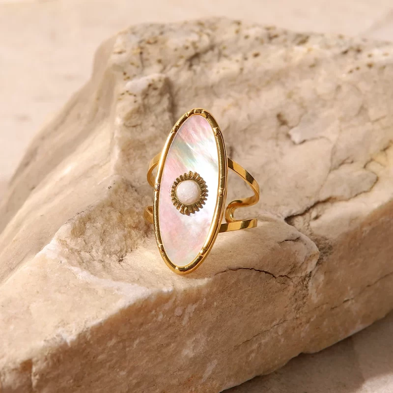 Oval Round Natural Shell Pearl 18K PVD Gold Plated Stainless Steel Opening Rings Women Jewelry - Image 4