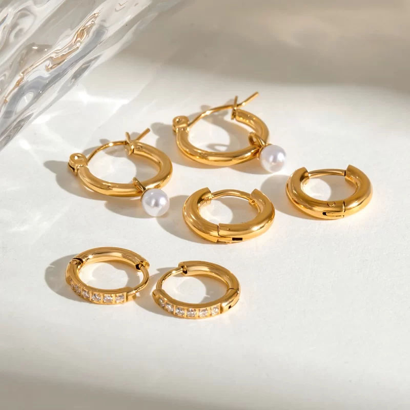 18k Gold Plate Stainless Steel Pearl and White Zircon Hoop Earrings Three Pairs Elegant Set - Image 5