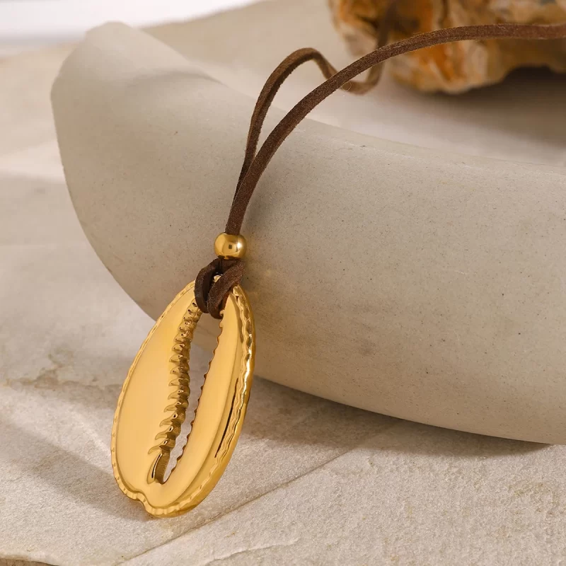 J&D Large Shell Pendant Cord Necklace 18K PVD Gold Plated Stainless Steel Beach Vacation Trendy Charm Necklace - Image 3
