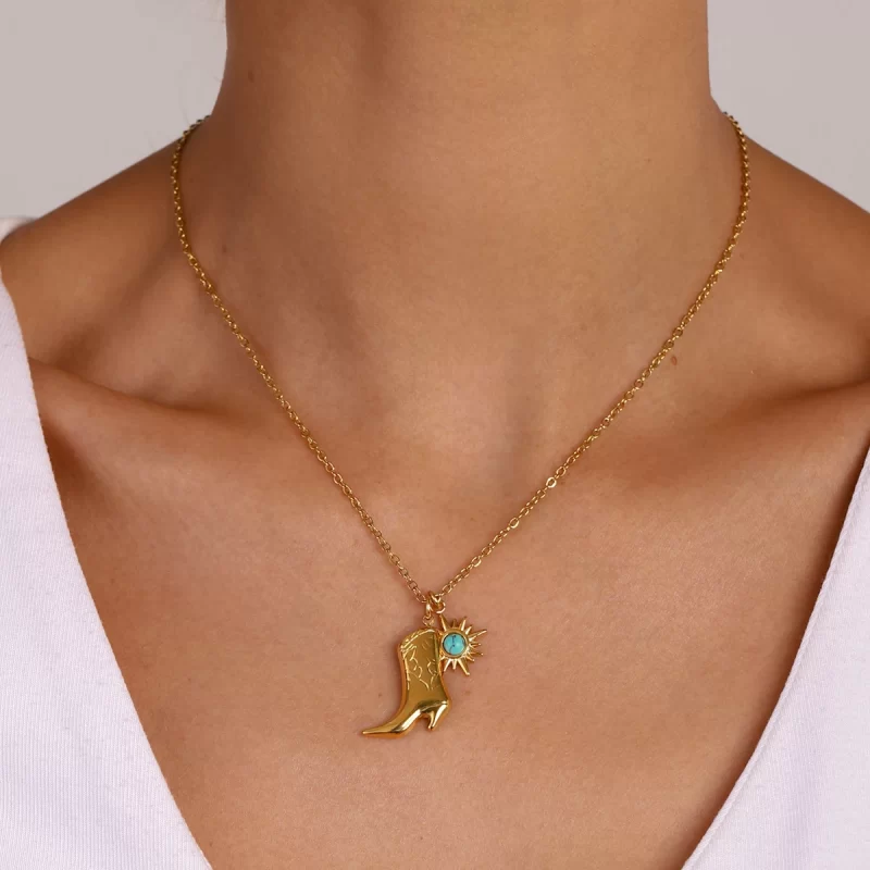 18k gold stainless steel + turquoise/turquoise star inlaid + patterned boot pendant necklace 42+5cm - Image 4