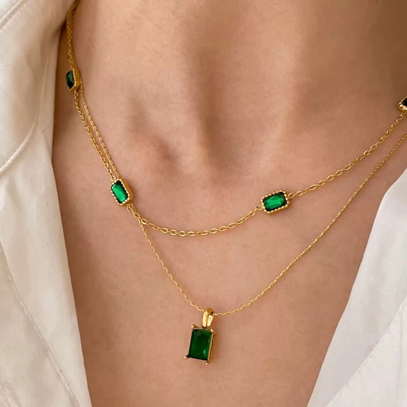 Dainty May Birthstone Charm Choker Bracelet Stainless Steel Green Stone Emerald Necklace Bracelet - Image 5
