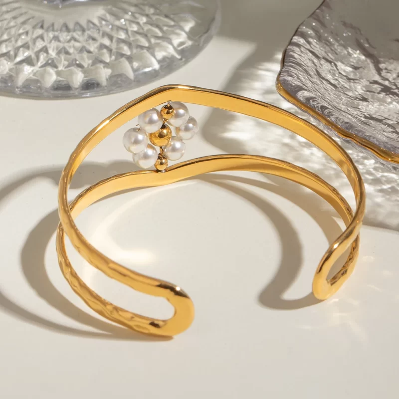 J&D Elegant Double Layer Faux Pearl Bangle 18K Stainless Steel Real Gold Plated Flower Design Fashionable Double Wrist Accessory - Image 5