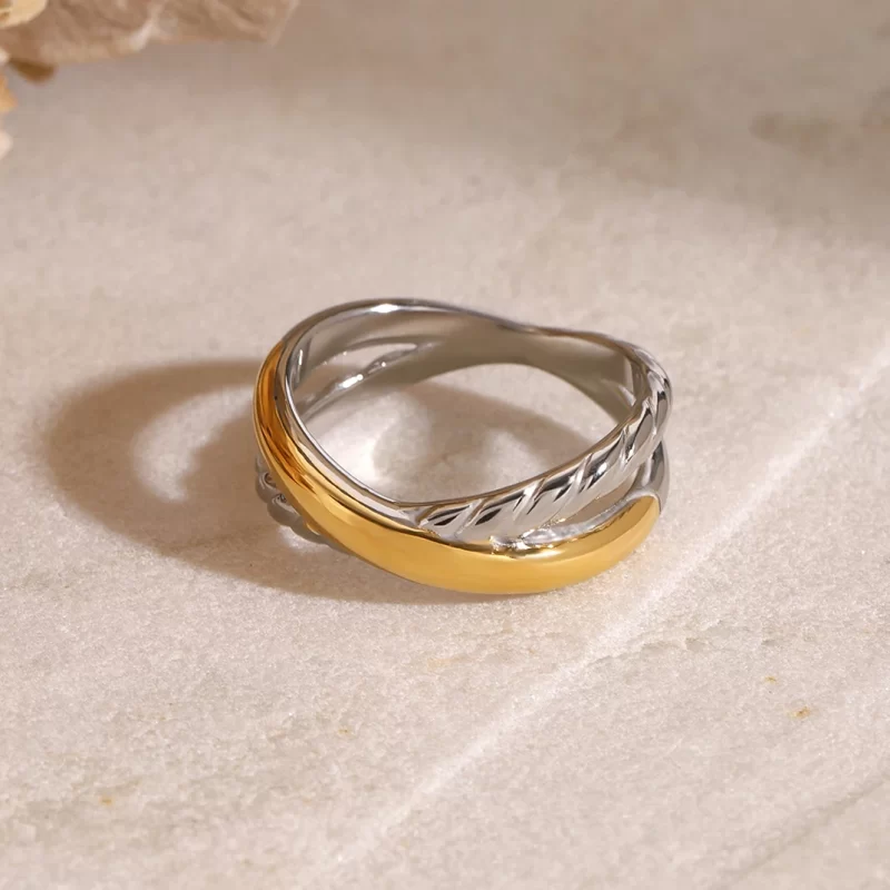 J&D Minimalist Design Jewelry Stainless Steel Rings for Women 18K Gold Plated Two Tone Cross Rings - Image 4