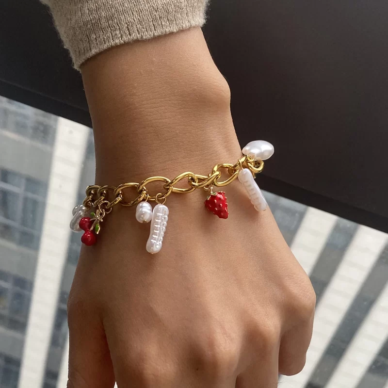 J&D Gold-Plated Double Cross Chain Bracelet Trendy Fruit Shape Pattern Fashionable Alloy Accessory Stylish Charm Bracelets - Image 3