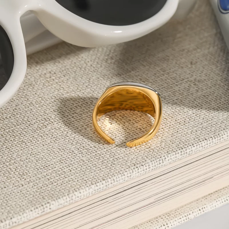 J&D 18K Gold Stainless Steel Modern Minimalist Chic Adjustable Jewelry Two-Tone Polished Oval Open Ring - Image 4