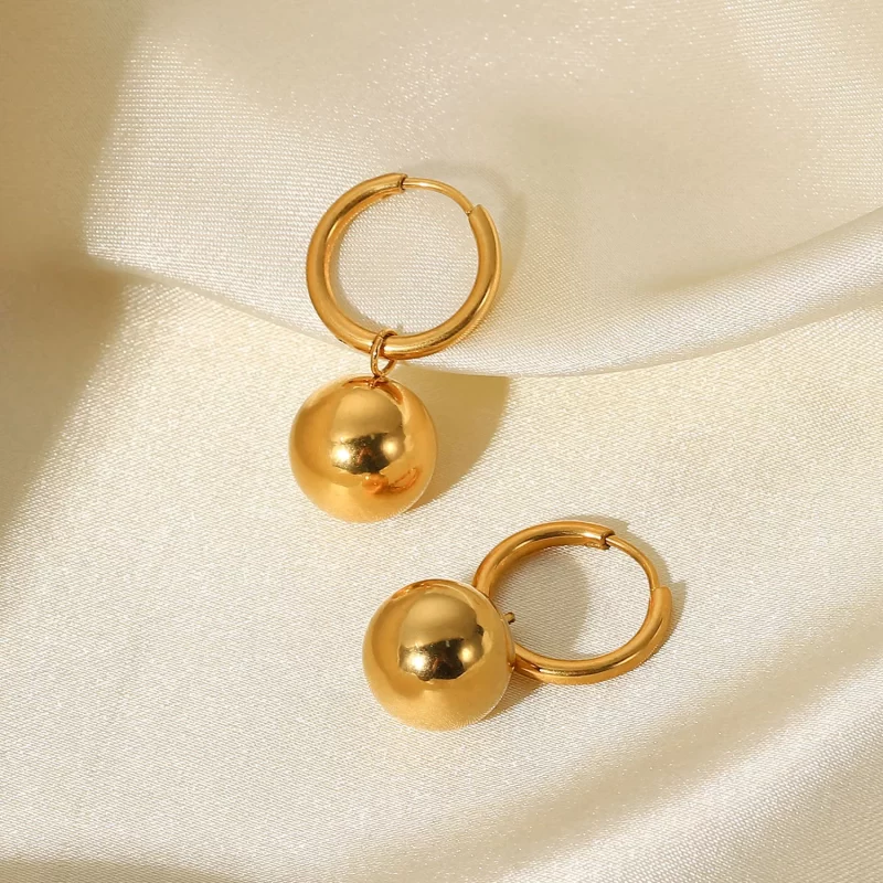 Ins Hot Solid Ball Pendant Earrings Stainless Steel Gold Plated Jewelry Gift Ring Hoop Earrings - Image 4