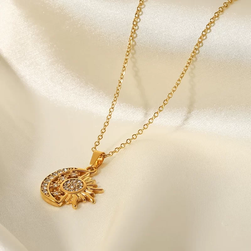 Stainless Steel Zircon Moon Sun Necklace Women 18K Gold Plated Moon Sunburst Pendant Necklace for Girls - Image 4