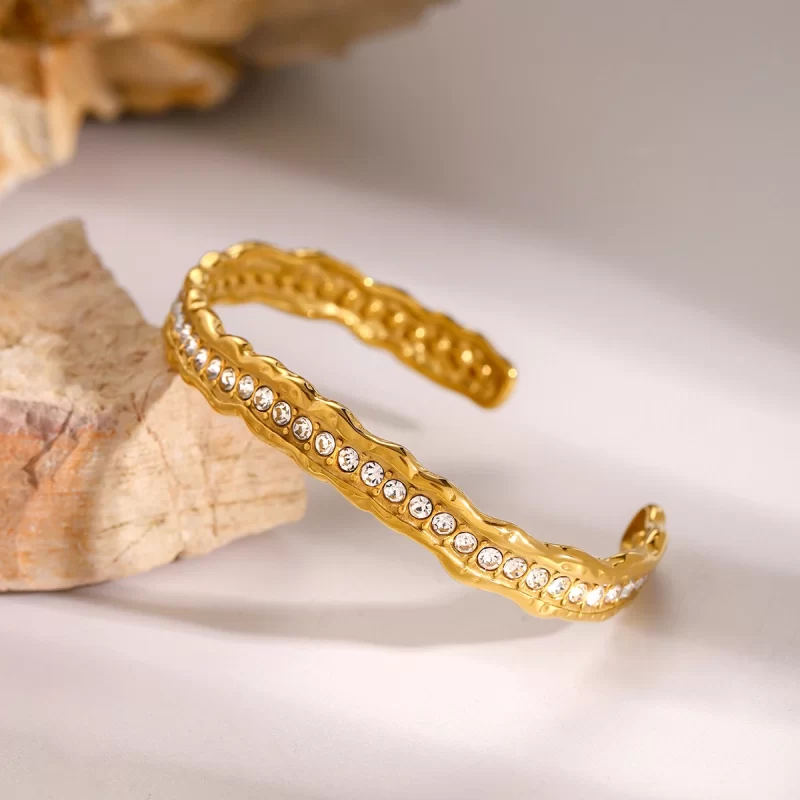 J&D White Rhinestone ZIRCON Irregular Hammer Wave Bracelet 18K PVD Plated Stainless Steel Bracelet for Women - Image 4