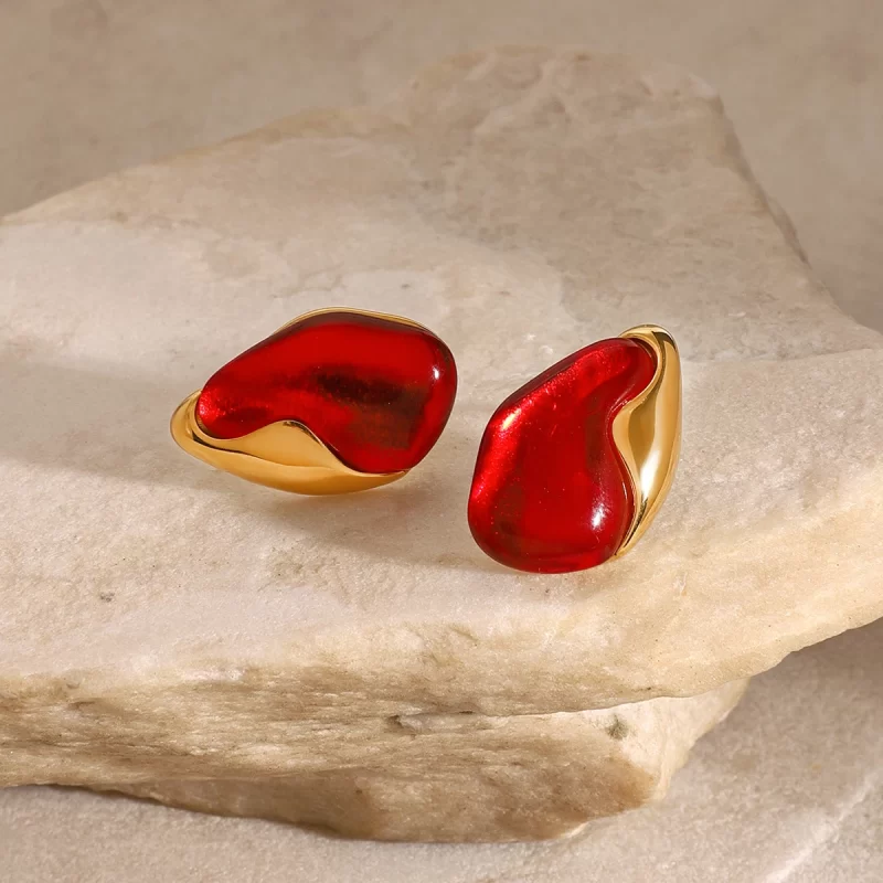 18K Gold Stainless Steel Drop Earrings with Red Natural Stone Luxurious Geometric Vintage Fashion Jewelry Elegant Hoop Style - Image 3