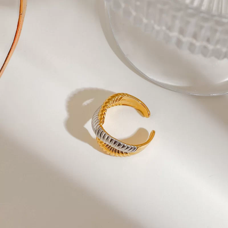 Waterproof 18K Gold Plated Stainless Steel High Shell Shape Cross Double Layered Cute Geometric Open Rings - Image 3
