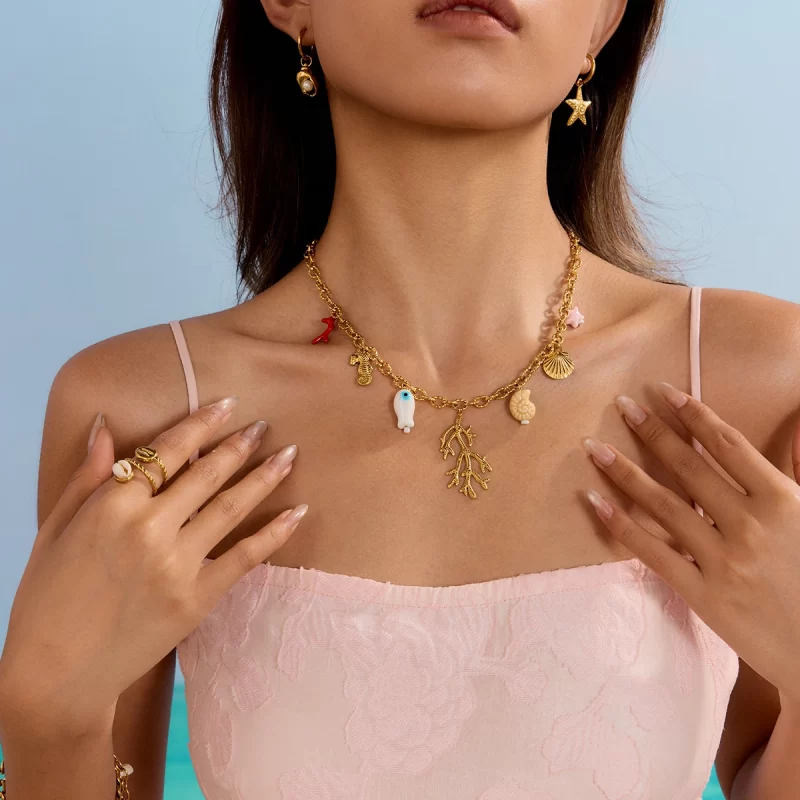 J&D Spring Summer Charm Collection Ocean Series 18K Gold Plated Stainless Steel Necklace with Pearl Flower Charms Jewelry - Image 2