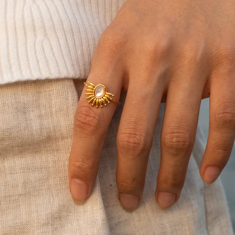 J&D Jewelry Stainless Steel 18K Gold Plated Exaggerate Opening White Shell Stone Rings for Women - Image 2