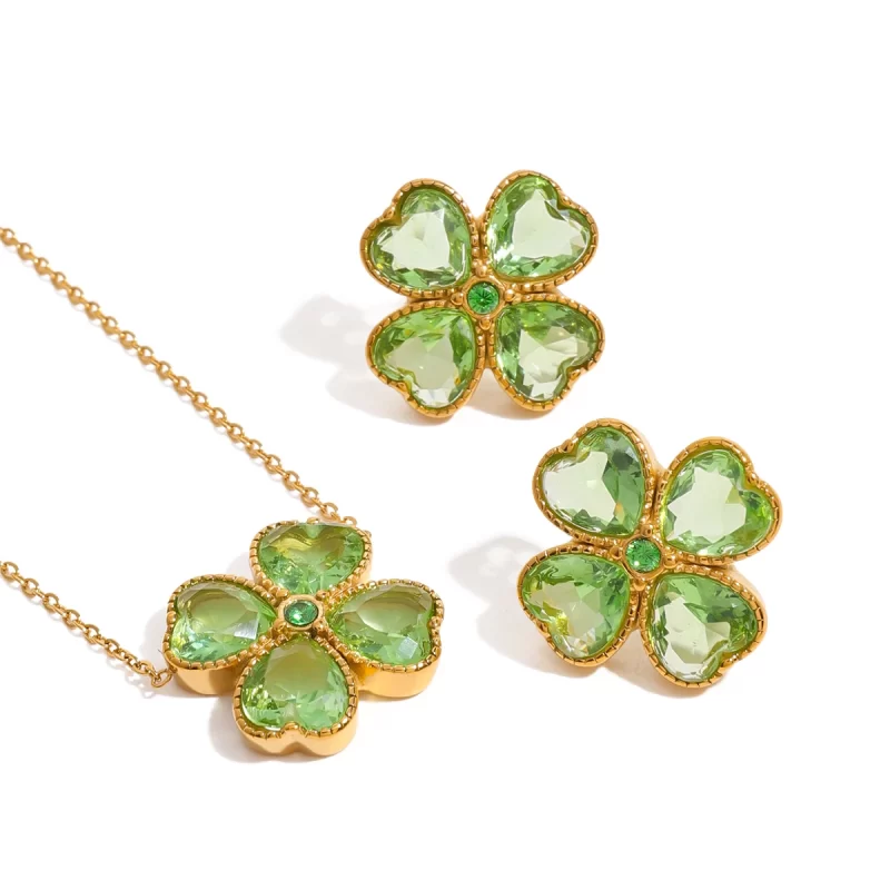J&D Designer Jewelry Stainless Steel Gold Plated Earrings Women Green Heart Zircon Four-leaf Clover Earrings - Image 4