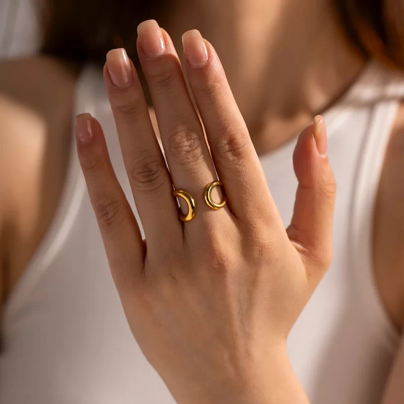 Geometric Jewelry Waterproof Stainless Steel 18K Gold Plated Hollow Double Layer Opening Ring for Women - Image 2